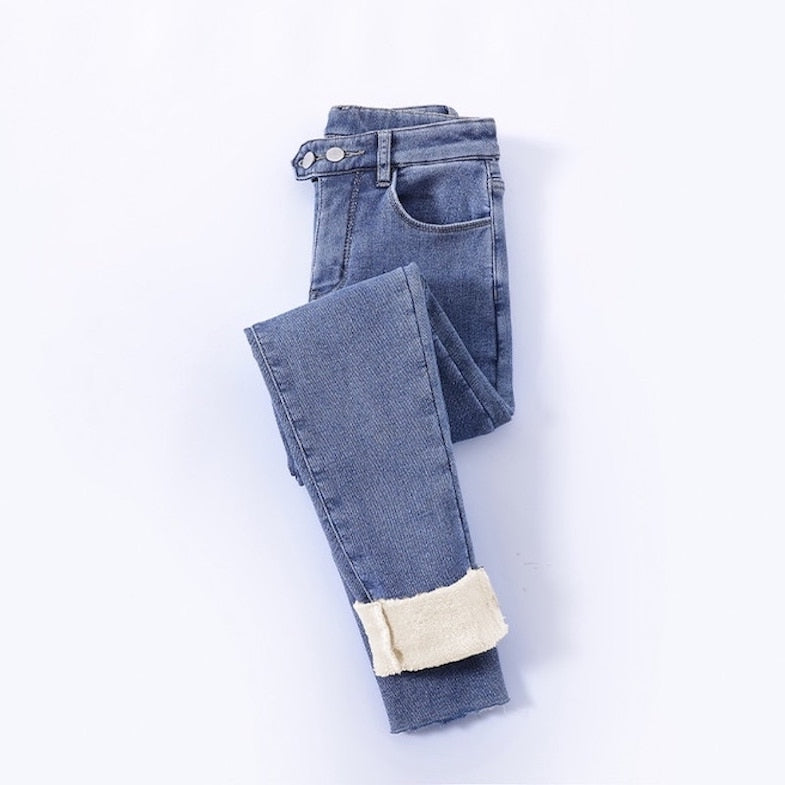 Sunisery Women High Waist Fleece Lined Jeans Winter Keep Warm Casual Slim  Stretch Denim Pants with Pocket Dark Blue XS 
