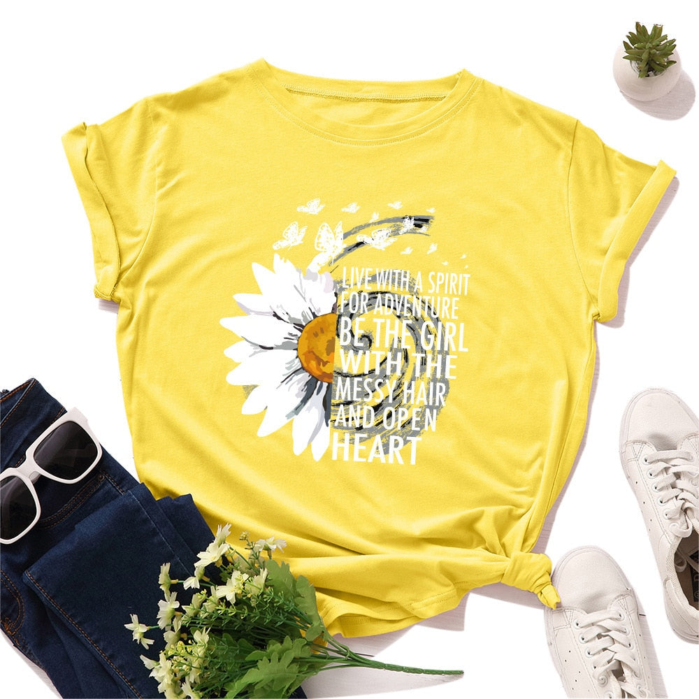 Floral and Letter Graphic Short Sleeve Cotton T Shirt