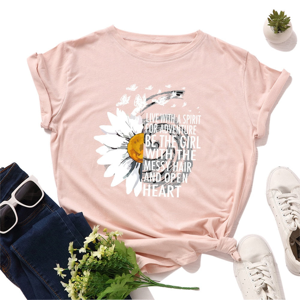 Floral and Letter Graphic Short Sleeve Cotton T Shirt