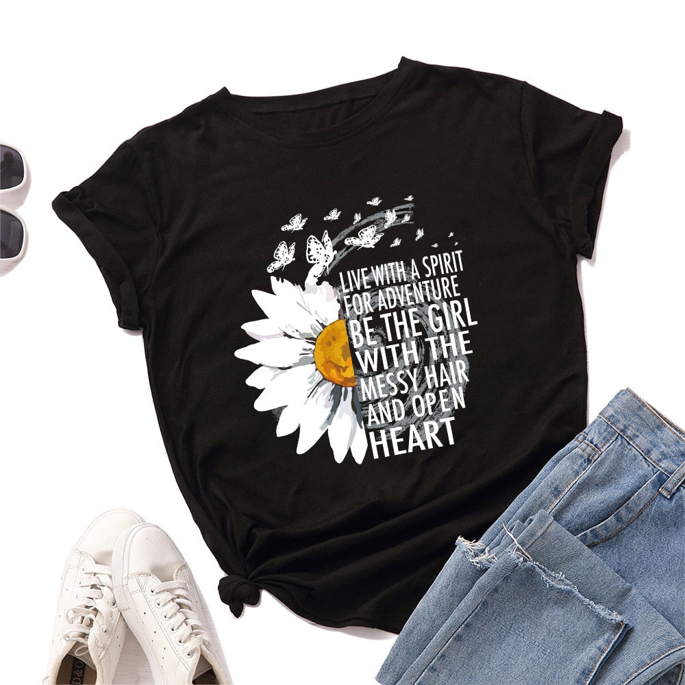 Floral and Letter Graphic Short Sleeve Cotton T Shirt