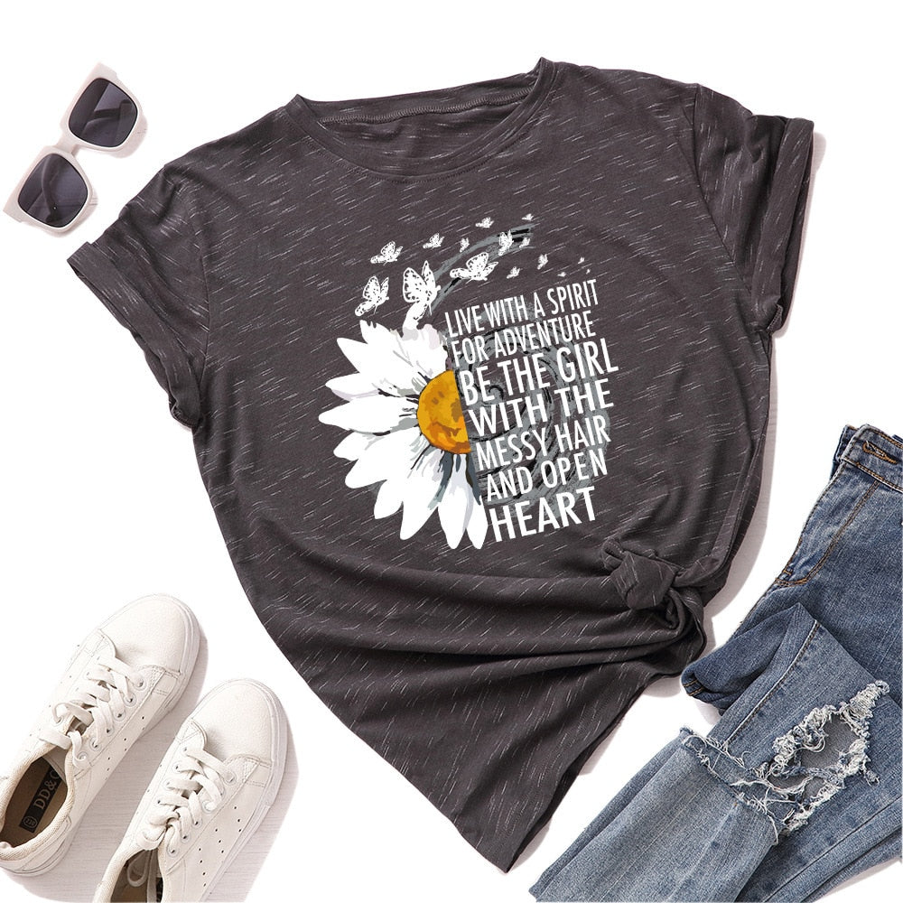 Floral and Letter Graphic Short Sleeve Cotton T Shirt