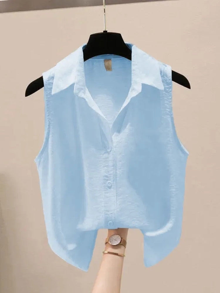 Solid Color Button Front Sleeveless Shirt