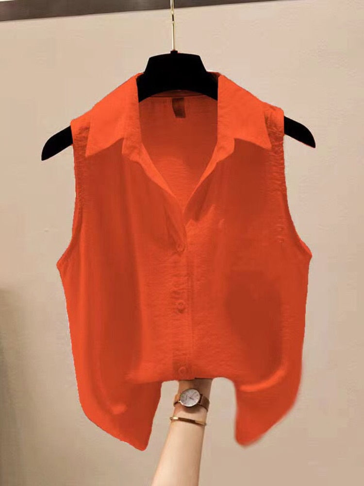 Solid Color Button Front Sleeveless Shirt