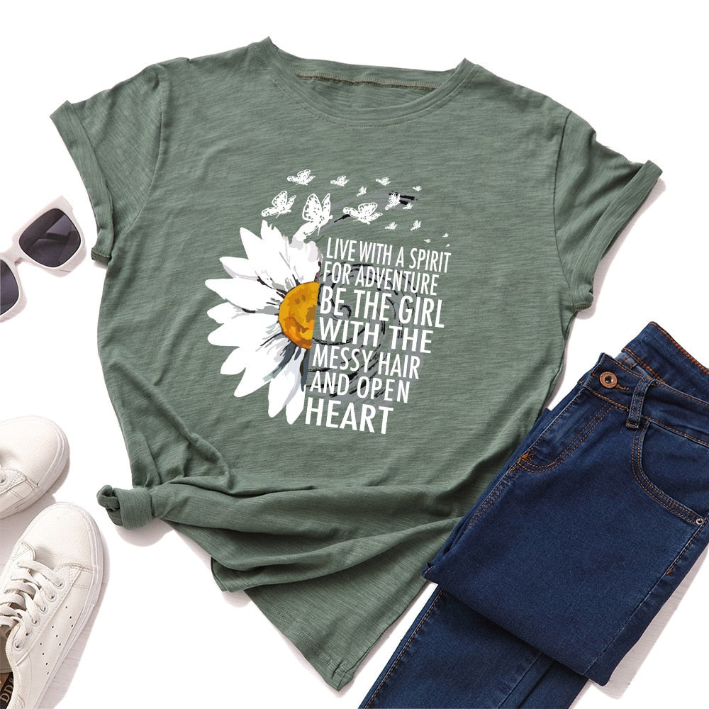 Floral and Letter Graphic Short Sleeve Cotton T Shirt